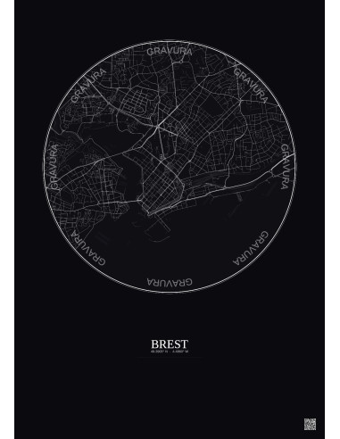Affiche Brest – Poster carte de ville 2.5km | Gravura – Fond foncé