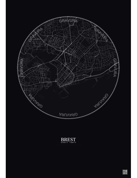 Affiche Brest – Poster carte de ville 2.5km | Gravura – Fond foncé