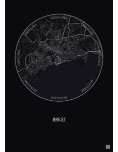 Affiche Brest – Poster carte de ville 6km | Gravura – Fond foncé