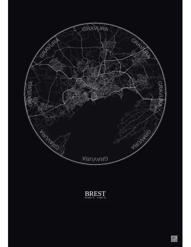 Brest City Map Poster 10km | Gravura – Dark background