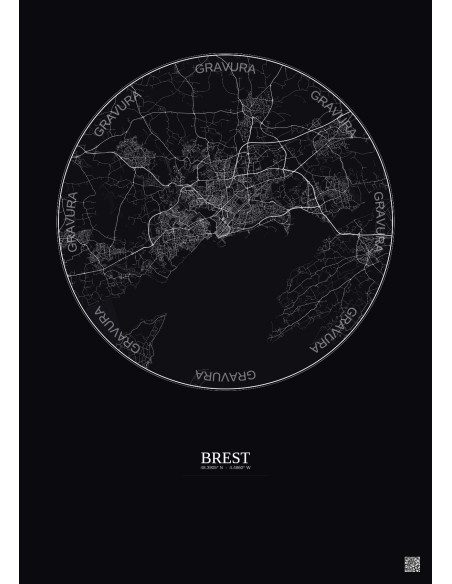Brest City Map Poster 10km | Gravura – Dark background