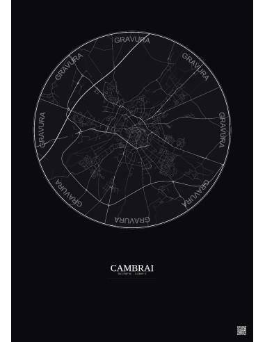 Affiche Cambrai – Poster carte de ville 5km | Gravura – Fond foncé