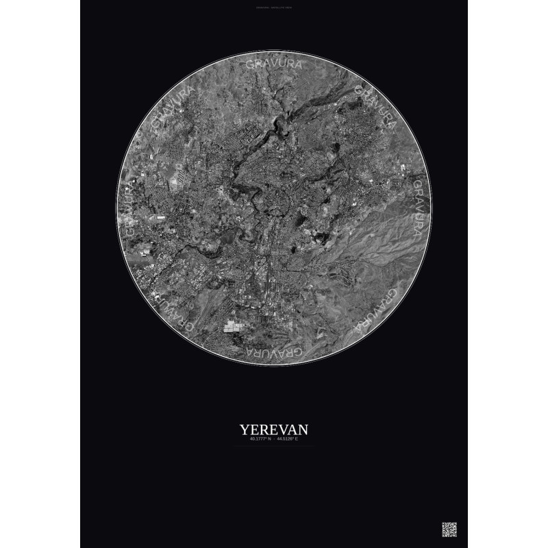 Affiche Yerevan – Poster vue satellite 10km N&B | Gravura – Fond foncé