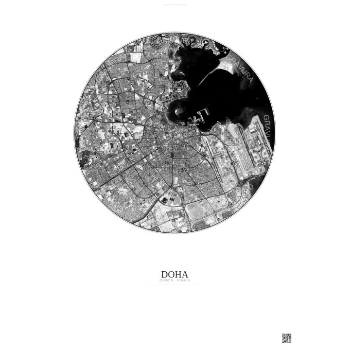 Affiche Doha – Poster vue satellite 10km N&B | Gravura – Fond clair