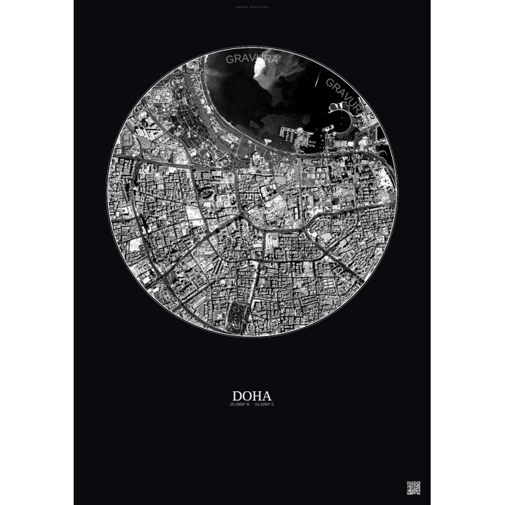 Affiche Doha – Poster vue satellite 2.5km N&B | Gravura – Fond foncé