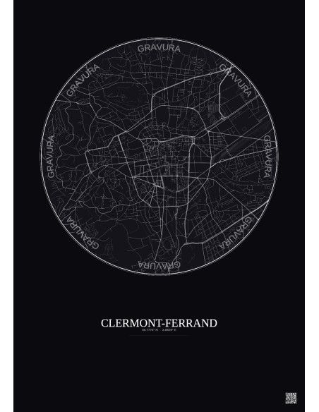Affiche Clermont Ferrand – Poster carte de ville 2.5km | Gravura – Fond foncé