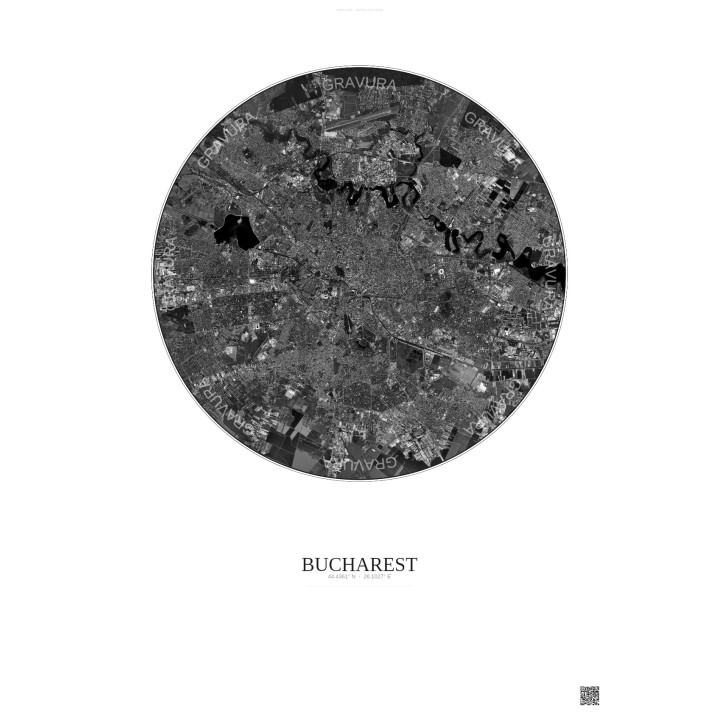 Bucharest Satellite View Poster 10km B&W | Gravura – Light background