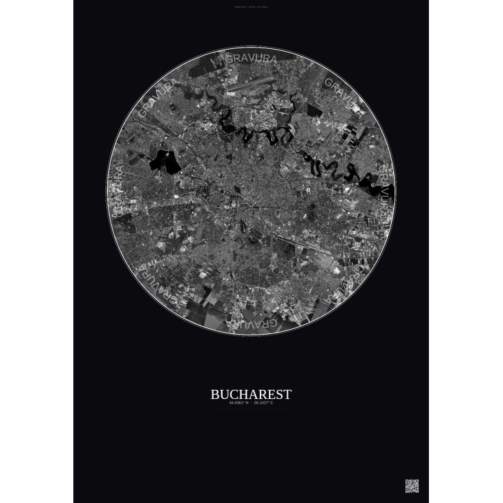 Bucharest Satellite View Poster 10km B&W | Gravura – Dark background