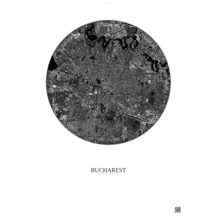 Affiche Bucharest – Poster vue satellite 6km N&B | Gravura – Fond clair