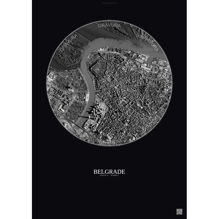 Affiche Belgrade – Poster vue satellite 2.5km N&B | Gravura – Fond foncé