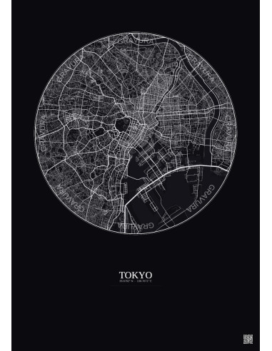 Affiche Tokyo – Poster carte de ville 10km | Gravura – Fond foncé