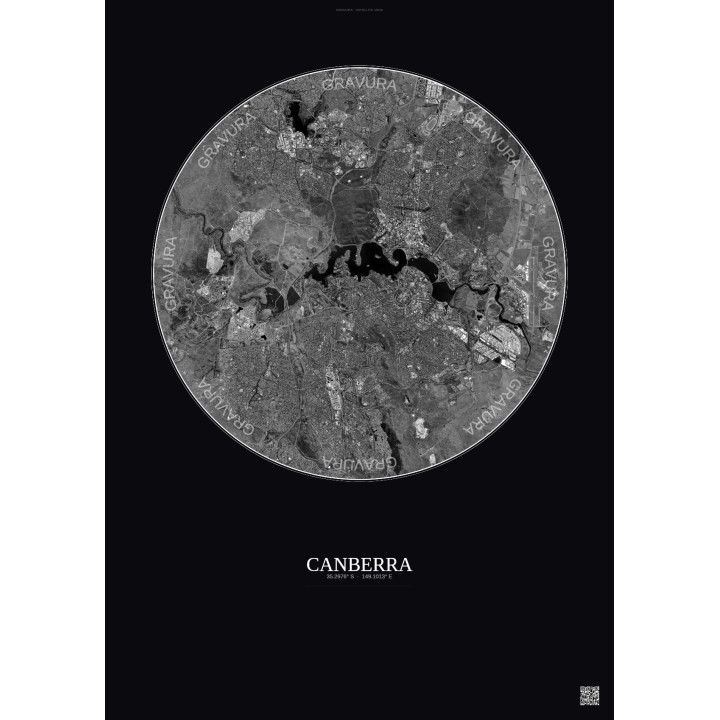 Affiche Canberra – Poster vue satellite 10km N&B | Gravura – Fond foncé