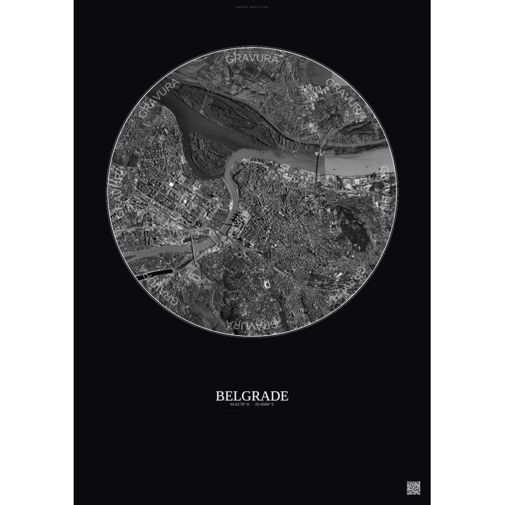 Affiche Belgrade – Poster vue satellite 6km N&B | Gravura – Fond foncé