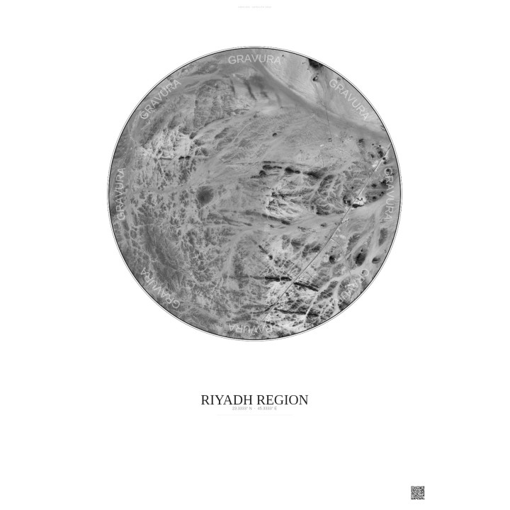 Affiche Riyadh Region – Poster vue satellite 10km N&B | Gravura – Fond clair
