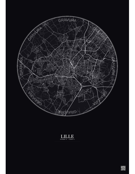 Affiche Lille – Poster carte de ville 10km | Gravura – Fond foncé