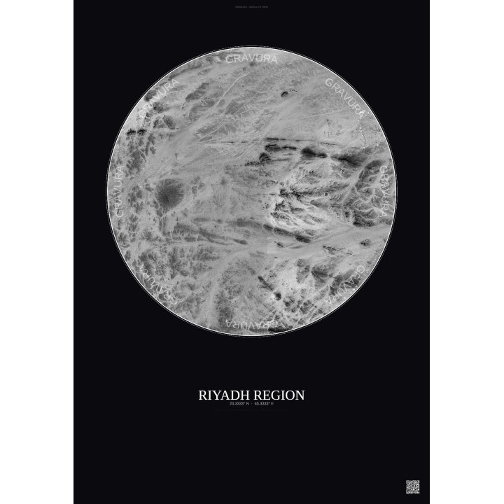 Affiche Riyadh Region – Poster vue satellite 6km N&B | Gravura – Fond foncé