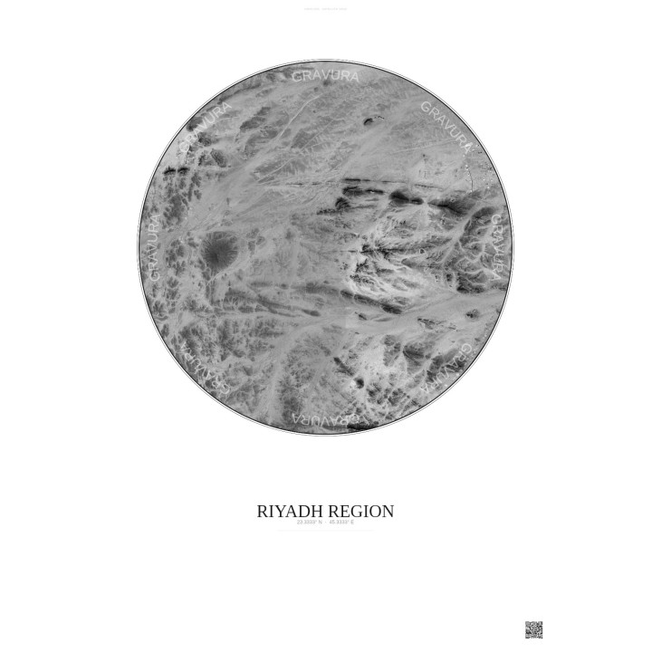 Affiche Riyadh Region – Poster vue satellite 6km N&B | Gravura – Fond clair