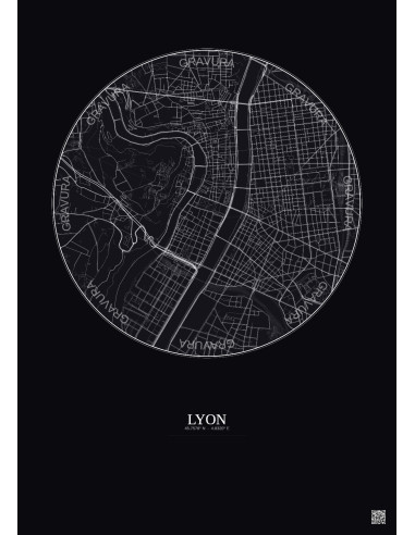 Affiche Lyon – Poster carte de ville 2.5km | Gravura – Fond foncé