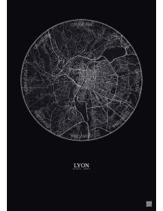 Affiche Lyon – Poster carte de ville 10km | Gravura – Fond foncé
