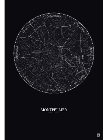 Affiche Montpellier – Poster carte de ville 2.5km | Gravura – Fond foncé