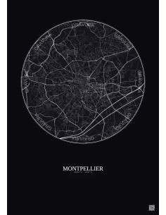 Affiche Montpellier – Poster carte de ville 5km | Gravura – Fond foncé