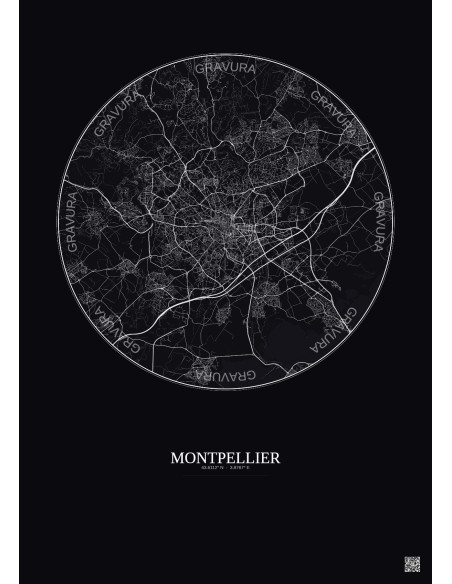Affiche Montpellier – Poster carte de ville 10km | Gravura – Fond foncé