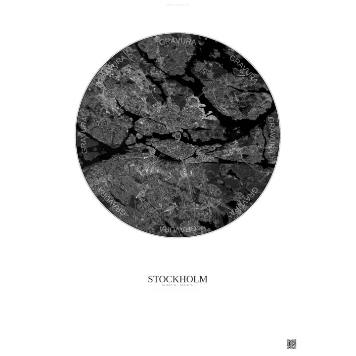 Affiche Stockholm – Poster vue satellite 10km N&B | Gravura – Fond clair
