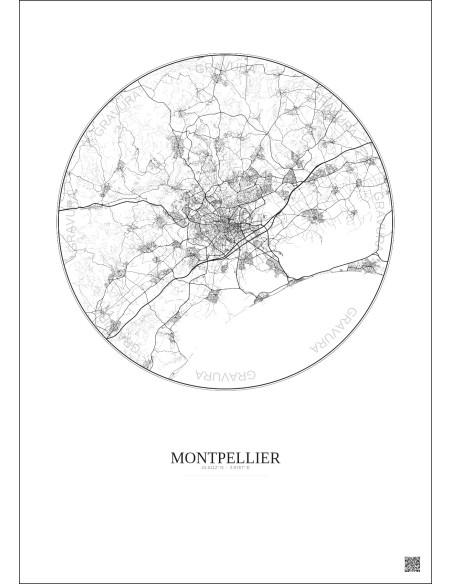 Affiche Montpellier – Poster carte de ville 20km | Gravura – Fond clair