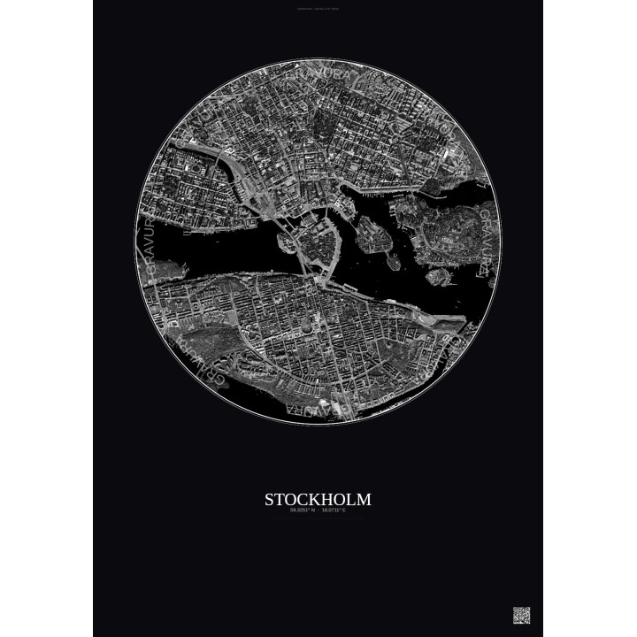 Stockholm Satellite View Poster 2.5km B&W | Gravura – Dark background
