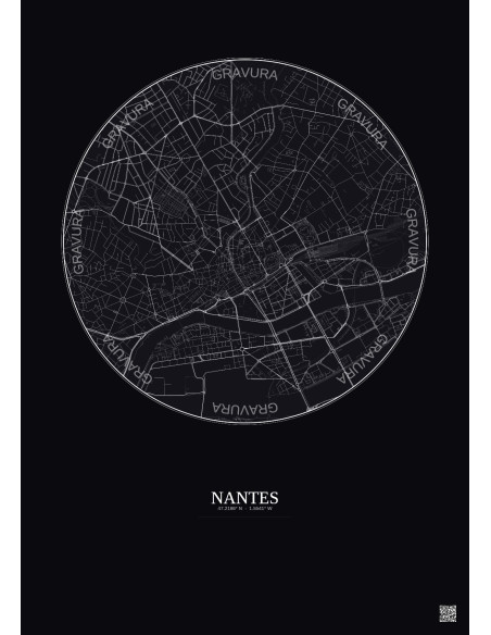 Affiche Nantes – Poster carte de ville 2.5km | Gravura – Fond foncé