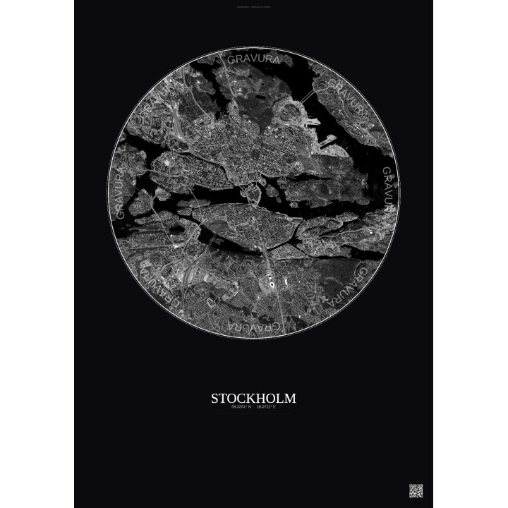Stockholm Satellite View Poster 6km B&W | Gravura – Dark background