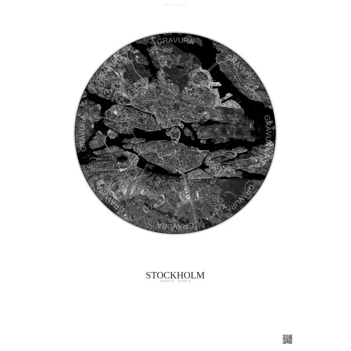 Stockholm Satellite View Poster 6km B&W | Gravura – Light background