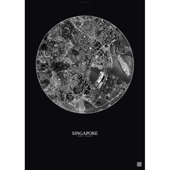 Affiche Singapore – Poster vue satellite 2.5km N&B | Gravura – Fond foncé