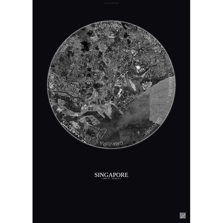 Affiche Singapore – Poster vue satellite 6km N&B | Gravura – Fond foncé