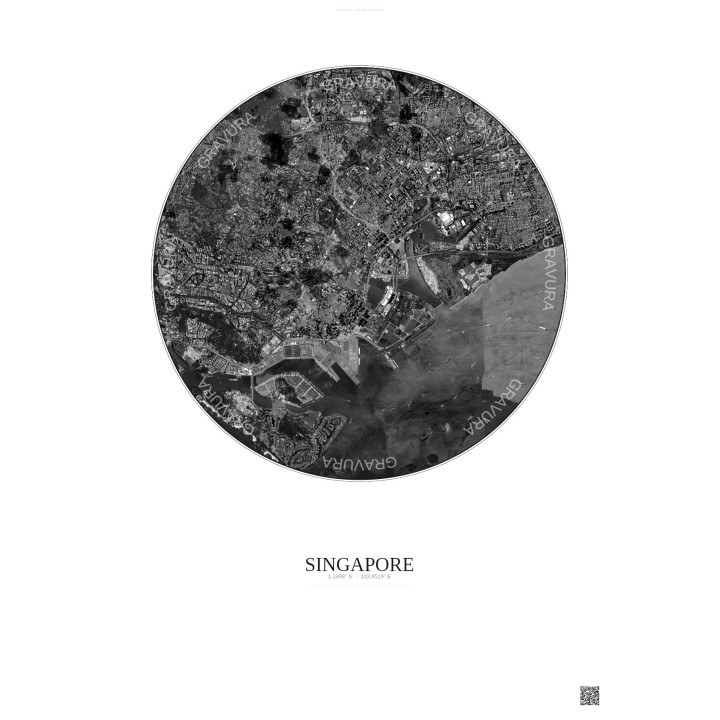 Singapore Satellite View Poster 6km B&W | Gravura – Light background
