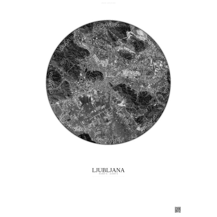 Ljubljana Satellite View Poster 10km B&W | Gravura – Light background
