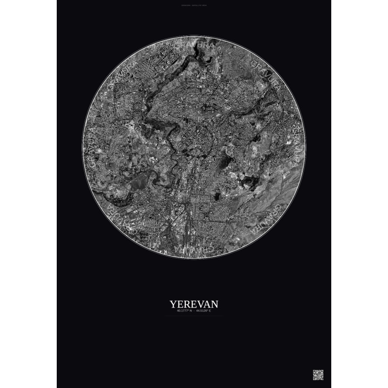 Affiche Yerevan – Poster vue satellite 6km N&B | Gravura – Fond foncé