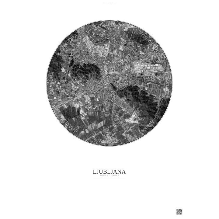 Affiche Ljubljana – Poster vue satellite 6km N&B | Gravura – Fond clair