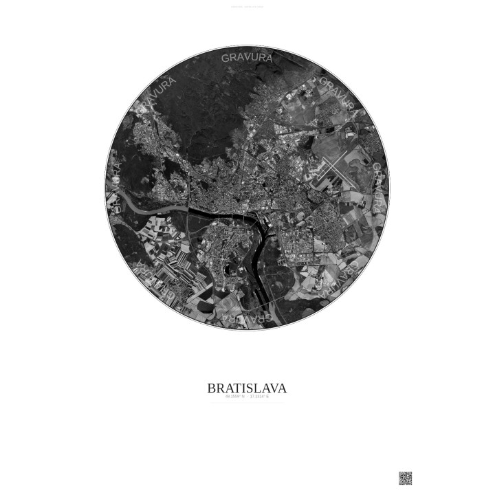 Affiche Bratislava – Poster vue satellite 10km N&B | Gravura – Fond clair
