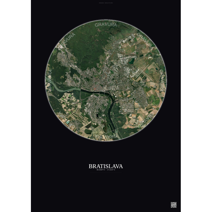 Bratislava Satellite View Poster 10km Color | Gravura – Dark background