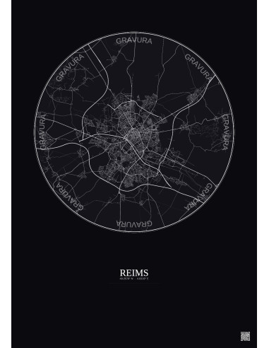 Affiche Reims – Poster carte de ville 10km | Gravura – Fond foncé