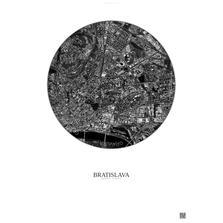 Affiche Bratislava – Poster vue satellite 2.5km N&B | Gravura – Fond clair