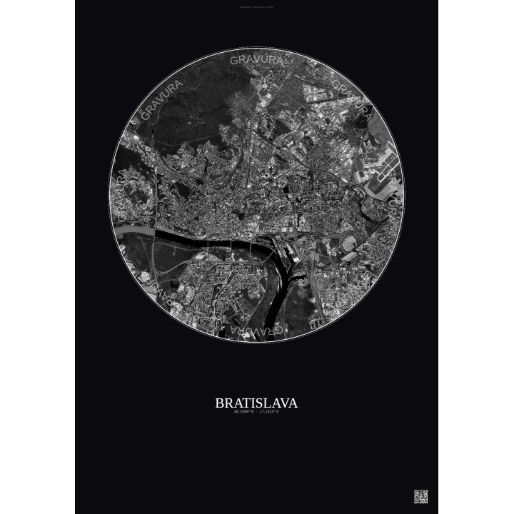 Affiche Bratislava – Poster vue satellite 6km N&B | Gravura – Fond foncé