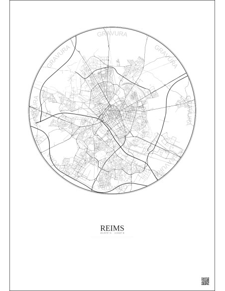 Affiche Reims – Poster carte de ville 6km | Gravura – Fond clair