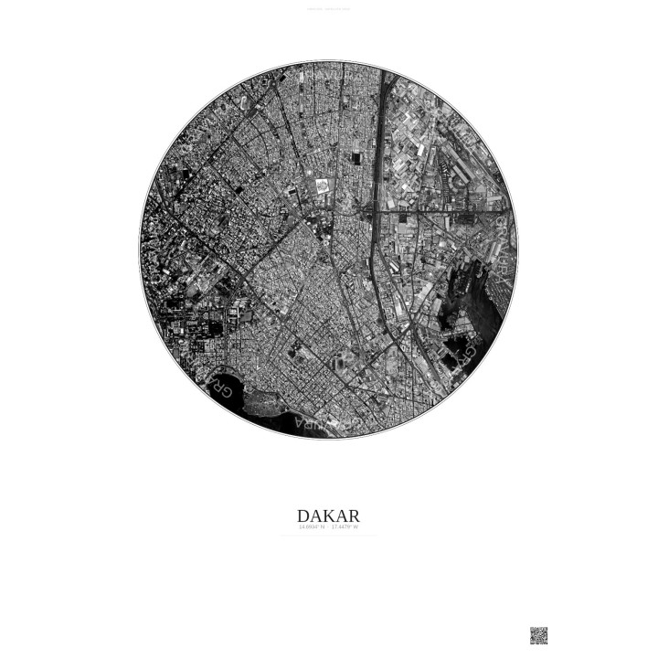 Affiche Dakar – Poster vue satellite 2.5km N&B | Gravura – Fond clair