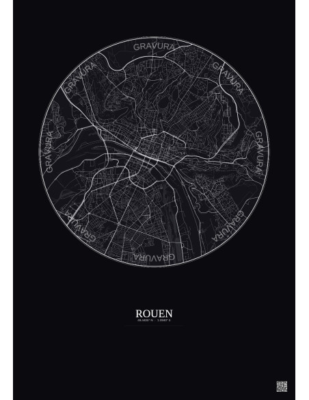 Rouen City Map Poster 5km | Gravura – Dark background