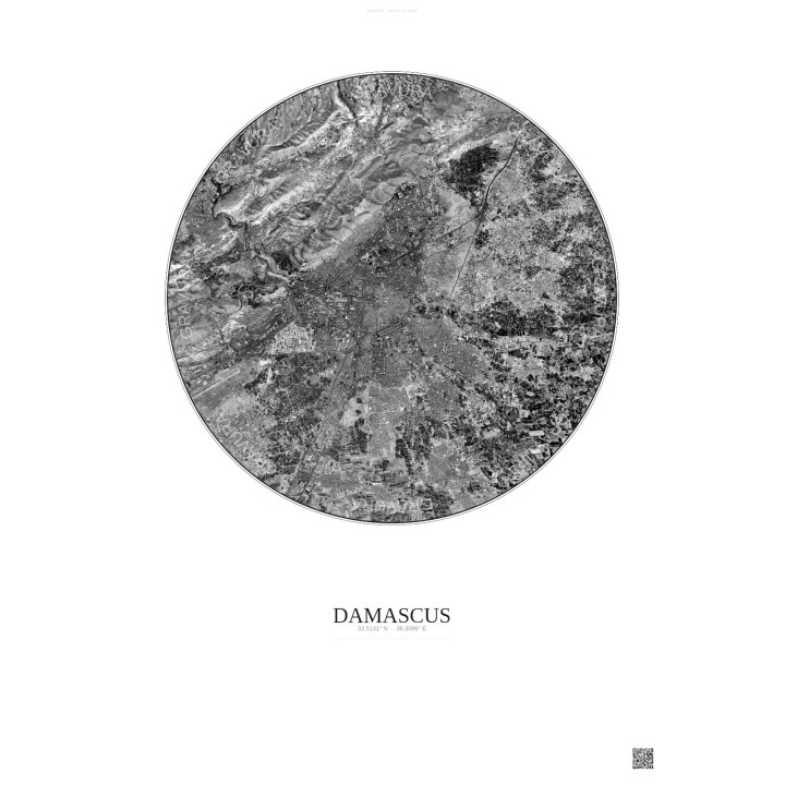 Affiche Damascus – Poster vue satellite 10km N&B | Gravura – Fond clair