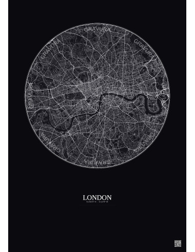 Affiche London – Poster carte de ville 10km | Gravura – Fond foncé