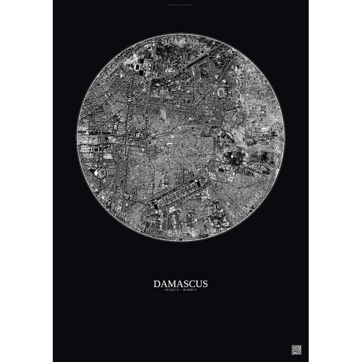 Affiche Damascus – Poster vue satellite 2.5km N&B | Gravura – Fond foncé