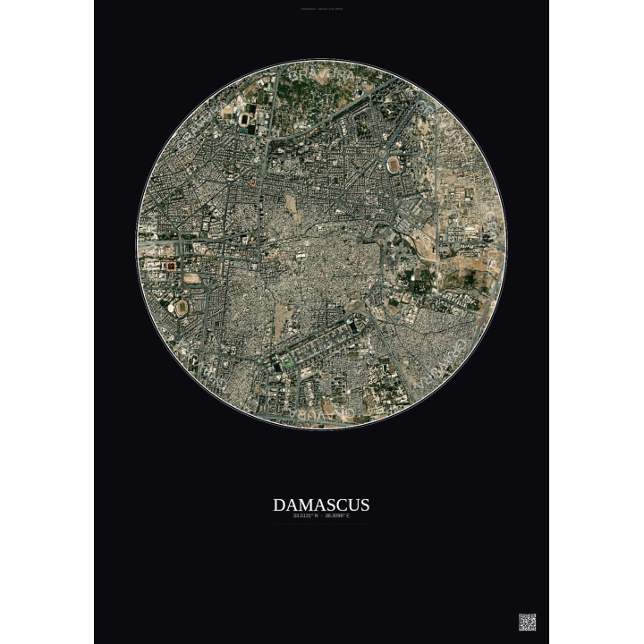 Affiche Damascus – Poster vue satellite 2.5km Couleur | Gravura – Fond foncé